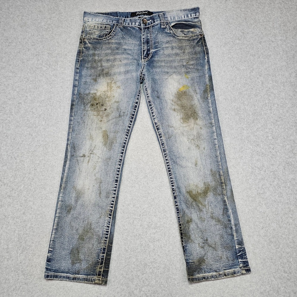 True Luck Mens Jeans Size 34x30 Thick Stitch Denim Straight Leg Stained Work